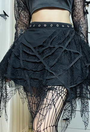 Goth Punk Half Skirt Black Lace Irregular Spider Web Mini Skirt