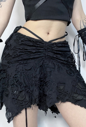 Gothic Style Drawstring Half Skirt Hole Ripped Irregular Short Skirt