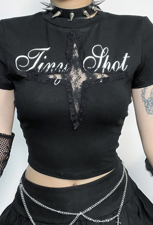 Gothic Style Crop Top Black Four-Pointed Star Hollow Short Sleeve T-Shirt
