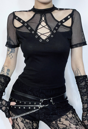 Gothic Black T-shirt Punk Fishnet Hollow Patchwork Short Sleeve Top