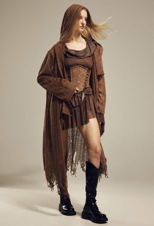 Wasteland Style Cardigan Irregular Hem Long Casual Hooded Coat