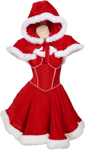 Silent Night Christmas Dress Set Furry Hem Mini Dress and Cloak with Stockings