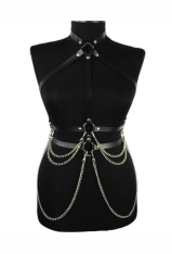 Gothic Punk Harness Belt Dark Style Black Faux Leather Waist Chain Belt with Metal Chain Pendant