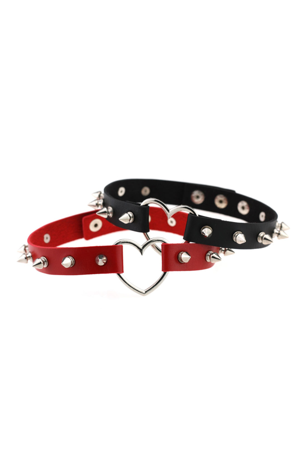 Gothic Rivet Choker Punk Style PU Leather Necklace with Hollow Heart