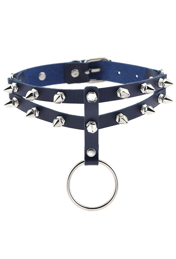 Gothic Cyberpunk Rivets Spiked Choker Gothic Accessories Pu Leather O Ring Pendant Double Layer Neckband Adjustable Choker For Halloween In Stock