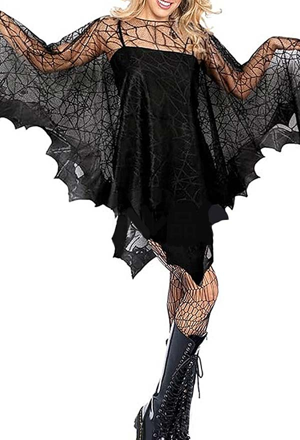 Gothic Black Bat Cape Halloween Party Shrug Black Lace Spider Web Shawl