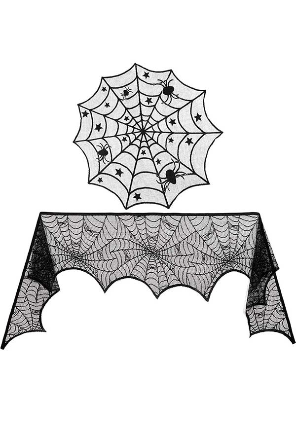 Gothic Black Halloween Decorations Table Cover Spider Web Tablecloth Fireplace Decor Fabric 2-Piece Set