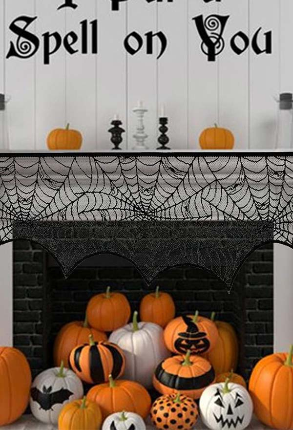 Gothic Black Halloween Decorations Table Cover Spider Web Tablecloth Fireplace Decor Fabric 2-Piece Set