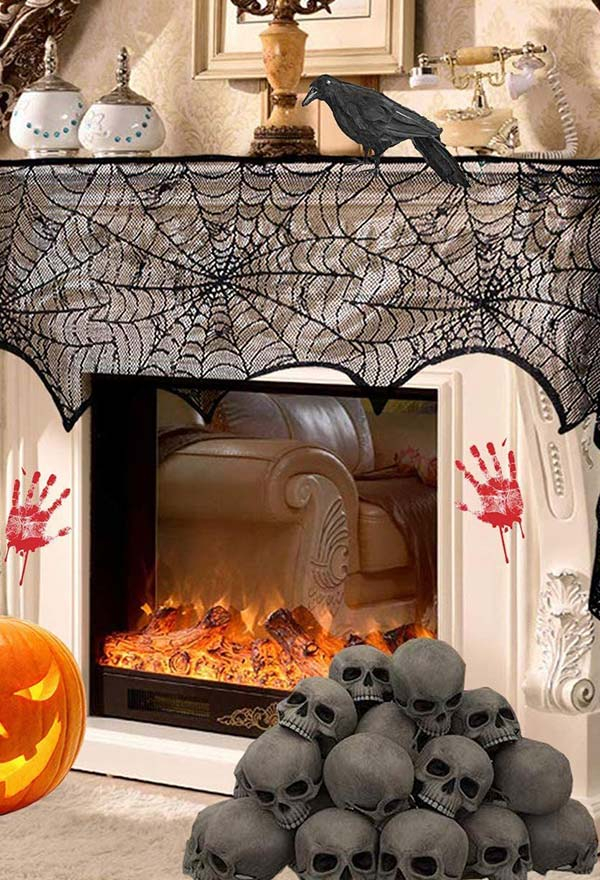 Gothic Black Halloween Decorations Table Cover Spider Web Tablecloth Fireplace Decor Fabric 2-Piece Set