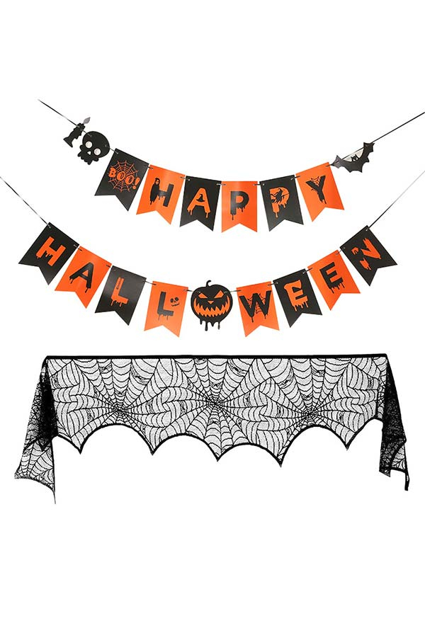 Gothic Halloween Decorations Fireplace Cloth and Hanging Banner Pumpkin Bat Spider Halloween Party Accessory