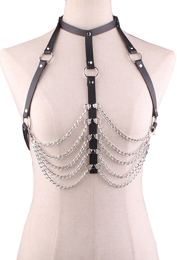 Gothic Black Leather Chest Chain Punk Style Body Harness Body Chain