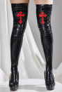 Gothic Nun Style Thigh High Stockings Black PU Leather Red Cross Pattern Over Knee Stockings 1 Pair