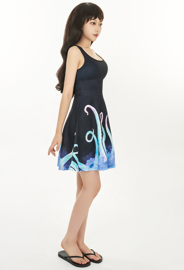 Women Gothic Black Pastel Tentacle Print Tank Dress for Summer