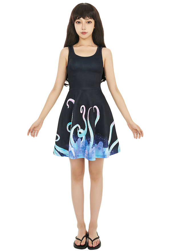 Women Gothic Black Pastel Tentacle Print Tank Dress for Summer 