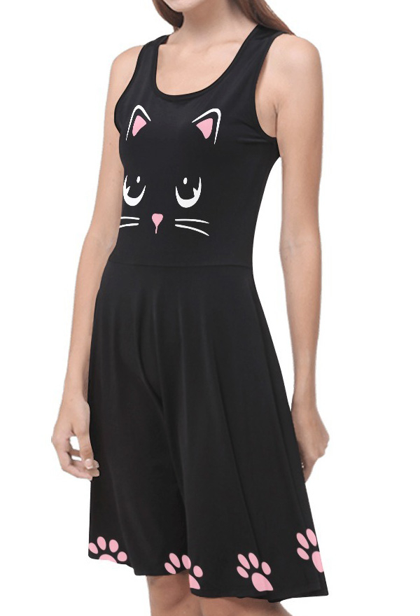 Women Gothic Black Cat Paw Print Tank Dress for Summer