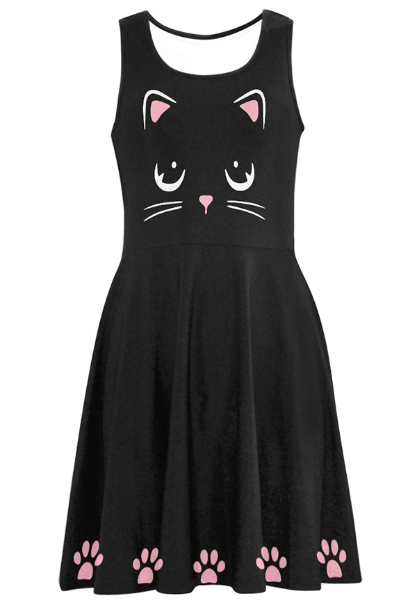 Women Gothic Black Cat Paw Print Tank Dress for Summer