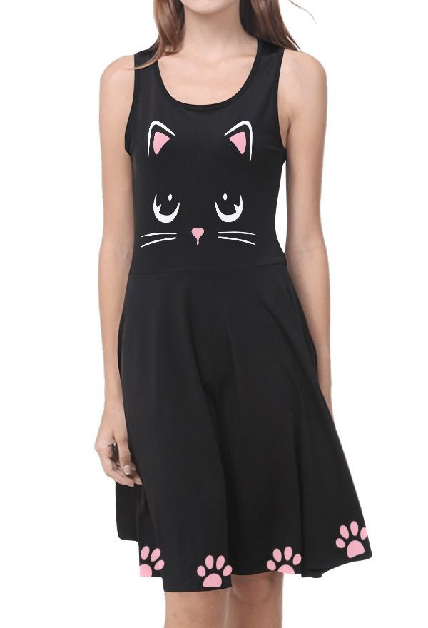 Women Gothic Black Cat Paw Print Tank Dress for Summer