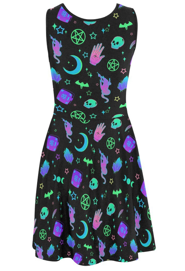 Women Halloween Gothic Black Cyber Witch Print Tank Dress