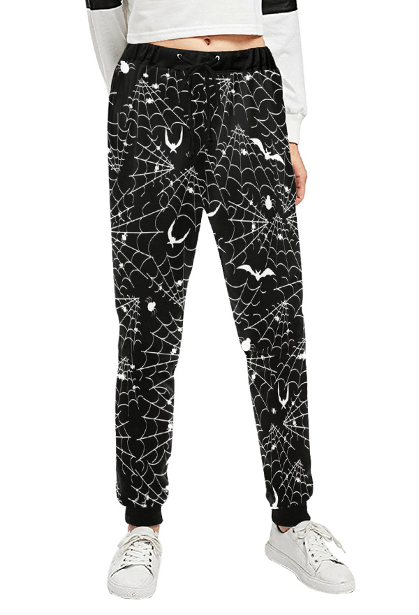 Women Halloween Gothic Black Bat Web Track Pants