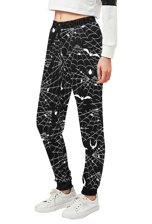 Women Halloween Gothic Black Bat Web Track Pants