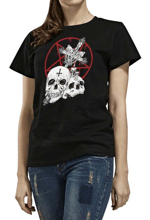 Women Halloween Gothic Black Punk Skeleton Print T-shirt