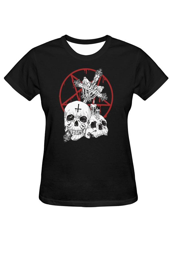 Women Halloween Gothic Black Punk Skeleton Print T-shirt