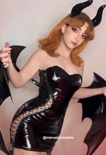 MIDNIGHT DEVIL Succubus Style Sexy Dress Black PU Leather Dress with Detachable Wings and Horns