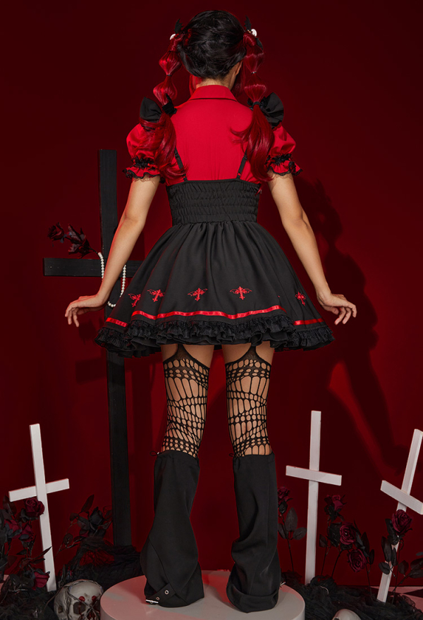 Halloween Vampire Girl Spider Costume Dark Gothic Spider Web Suspender Skirt and Shirt Set Outfit with Stockings