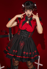 Halloween Vampire Girl Spider Costume Dark Gothic Spider Web Suspender Skirt and Shirt Set Outfit with Stockings