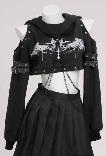 Dark Rebel Gothic Black Hoodies Printed Crop Top Punk Style Long Sleeve Sweatshirt with Hood and Chains