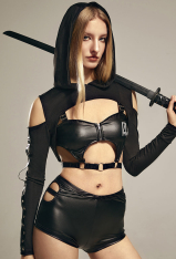 Cyberpunk Sexy Cutout Outfit Dark Gothic Style Top and Shorts with Short Hooded Jacket