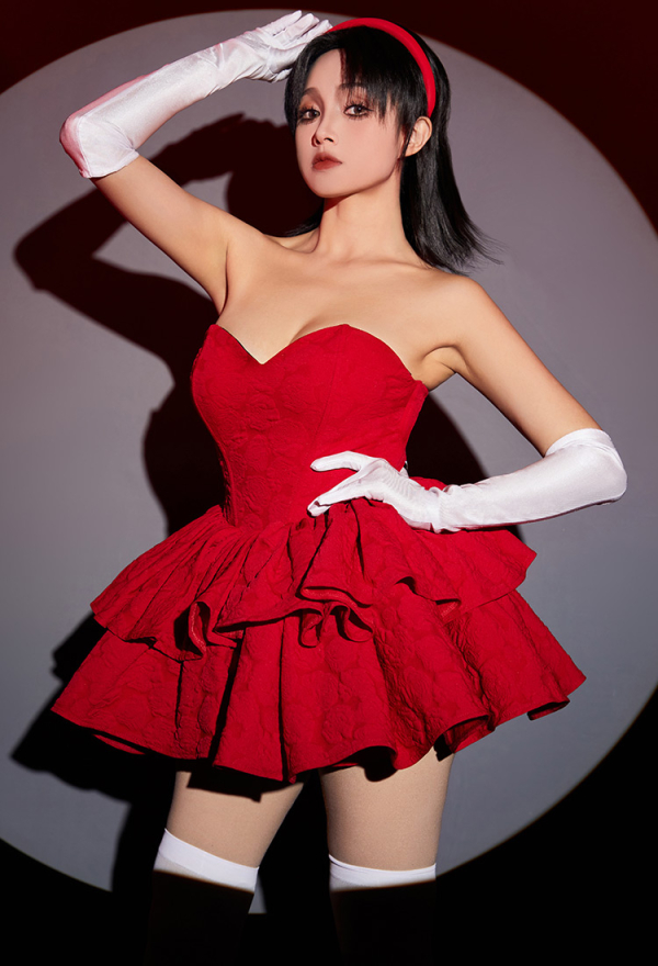 Gothic Cosplay Costume Red Strapless Tube Dress with Headband with Thigh-High Stockings and Gloves