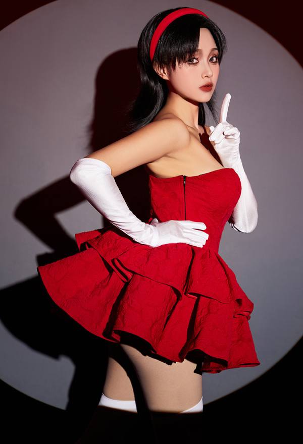 Gothic Cosplay Costume Red Strapless Tube Dress with Headband with Thigh-High Stockings and Gloves