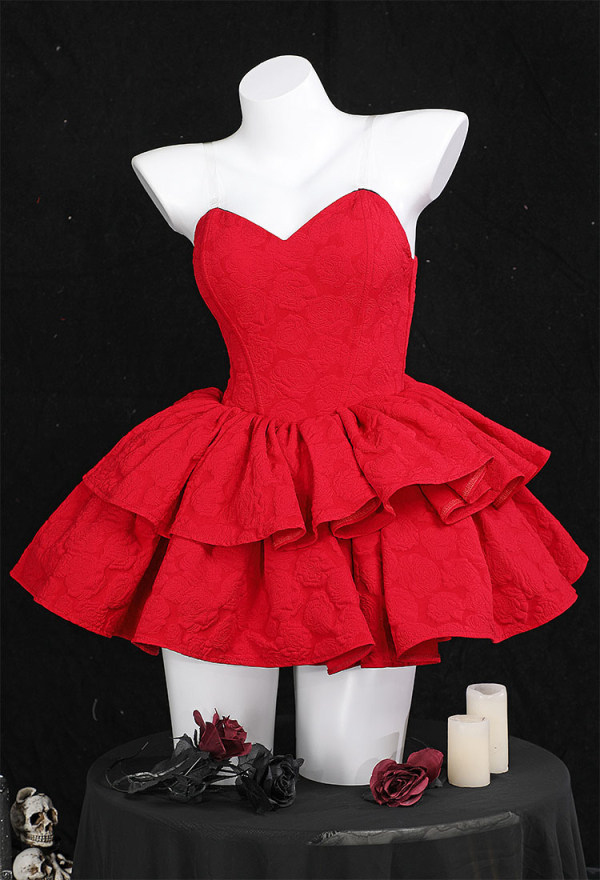 Gothic Cosplay Costume Red Strapless Tube Dress with Headband with Thigh-High Stockings and Gloves