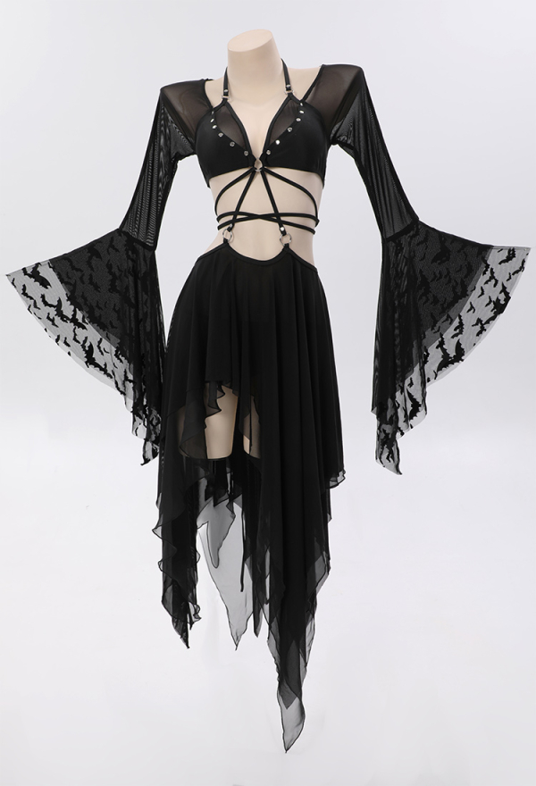 Gothic Style Black Swimsuit Wasteland Wind Top and Skirt Set with Triangle Bottoms Bathing Suit