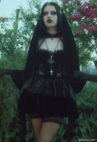 HOLY LOVE Gothic Dress Black Lace Halter Hollow Dress and Headpiece with Necklace