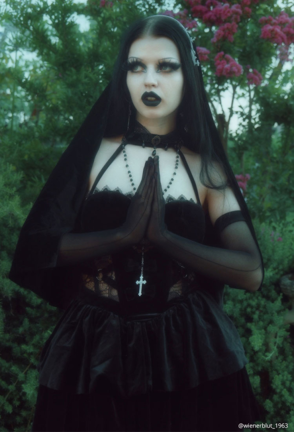 HOLY LOVE Gothic Dress Black Lace Halter Hollow Dress and Headpiece with Necklace