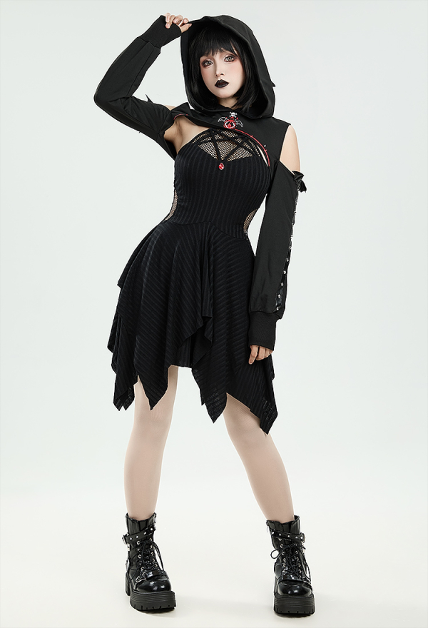 DARK BREATH Gothic Witch Dress Set Black Witch Shrug Hoodie and Fishing Net Halter Irregular Dress