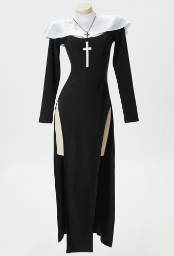HOLY LOVE Gothic Nun Dress Black Cross Side Split Dress with Head Scarf and Necklace