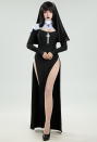 HOLY LOVE Gothic Nun Dress Black Cross Side Split Dress with Head Scarf and Necklace