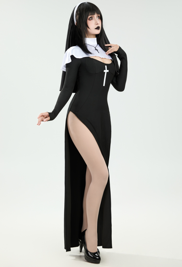 HOLY LOVE Gothic Nun Dress Black Cross Side Split Dress with Head Scarf and Necklace