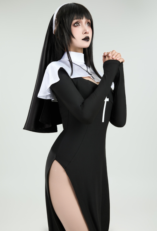 HOLY LOVE Gothic Nun Dress Black Cross Side Split Dress with Head Scarf and Necklace