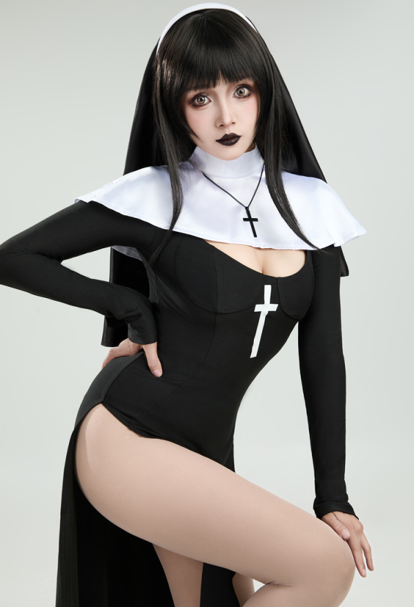 HOLY LOVE Gothic Nun Dress Black Cross Side Split Dress with Head Scarf and Necklace