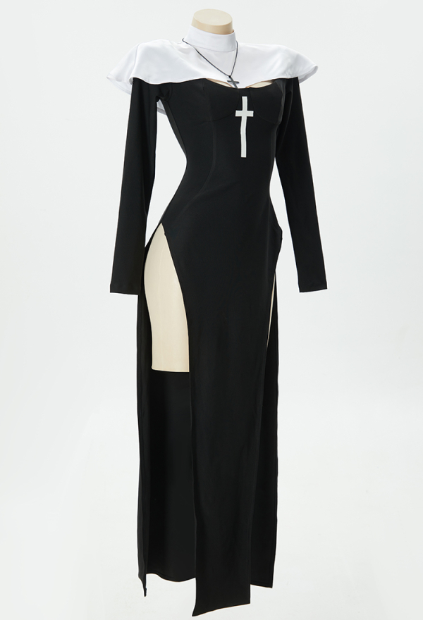 HOLY LOVE Gothic Nun Dress Black Cross Side Split Dress with Head Scarf and Necklace