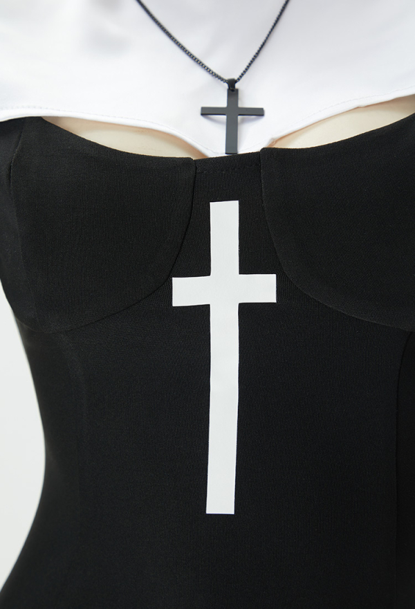 HOLY LOVE Gothic Nun Dress Black Cross Side Split Dress with Head Scarf and Necklace