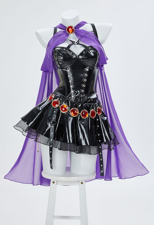 Love Healer Gothic Halloween Outfit Strap Tank Top and Skirt with Hooded Sheer Cape and Belt