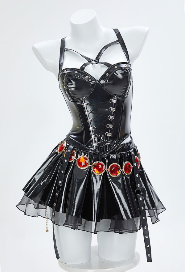 Love Healer Gothic Halloween Outfit Strap Tank Top and Skirt with Hooded Sheer Cape and Belt