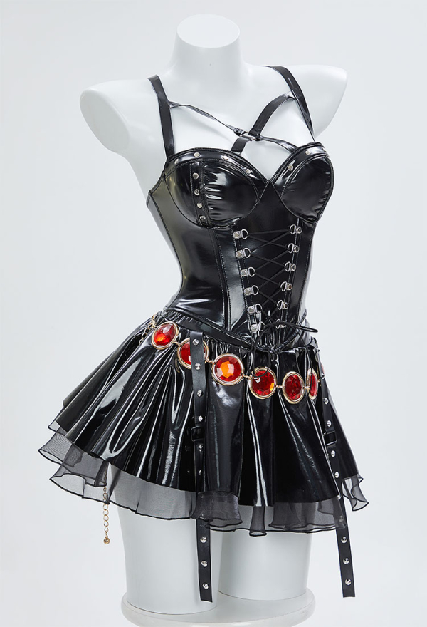 Love Healer Gothic Halloween Outfit Strap Tank Top and Skirt with Hooded Sheer Cape and Belt