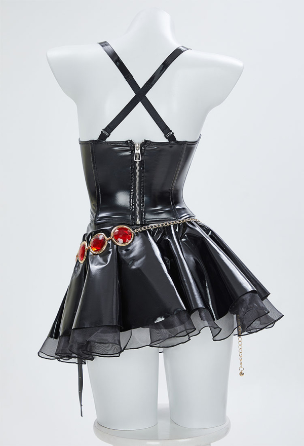 Love Healer Gothic Halloween Outfit Strap Tank Top and Skirt with Hooded Sheer Cape and Belt