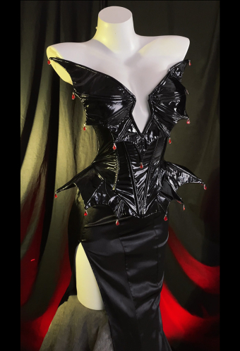 Blood Moon Halloween Gothic Style Bat Corset Top and Slit Skirt with Gloves and Thigh-high Stockings Cosplay Costume